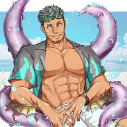 Rule 34 | 1boy, abs, arm fins, bara, beard stubble, border, bubble, collared shirt, commentary request, dagon (housamo), dark-skinned male, dark skin, eyewear on head, facial hair, fins, fish boy, gills, gold necklace, green-framed eyewear, grey hair, grey shirt, grin, hair slicked back, highres, hio tksr05, jewelry, large pectorals, letterboxed, long sideburns, male focus, mature male, muscular, muscular male, mustache stubble, necklace, official alternate costume, open clothes, open shirt, orange eyes, pectorals, sharp teeth, shirt, short hair, shorts, sideburns, smile, spiked hair, star (symbol), stubble, sunglasses, teeth, tentacle print, tentacles, thick eyebrows, tokyo houkago summoners, twitter username, two-tone shirt, upper body, watch, white border, white shorts, wristwatch