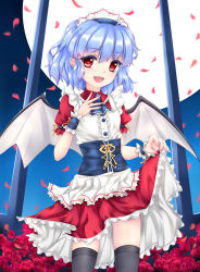 Rule 34 | 1girl, bat wings, black thighhighs, blue hair, blush, clothes lift, female focus, flower, fred0092, highres, looking at viewer, maid, maid headdress, moon, open mouth, petals, puffy sleeves, red eyes, remilia scarlet, short hair, short sleeves, skirt, skirt lift, smile, solo, thighhighs, touhou, wings, wristband