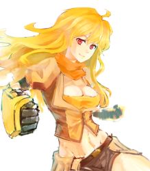 Rule 34 | 1girl, blonde hair, breasts, cleavage, large breasts, midriff, rwby, smile, solo, white background, yang xiao long