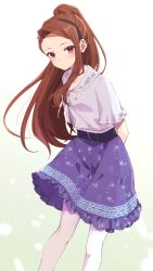 Rule 34 | 1girl, arms behind back, asymmetrical bangs, blue shirt, blush, brown hair, collarbone, feet out of frame, floral print, forehead, highres, idolmaster, idolmaster (classic), idolmaster million live!, long hair, looking at viewer, maa (io 215), minase iori, official alternate hairstyle, pantyhose, ponytail, purple skirt, shirt, simple background, single sidelock, skirt, solo, very long hair, white background, white pantyhose
