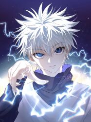 Rule 34 | 1boy, absurdres, child, electricity, electrokinesis, energy, fingernails, highres, hunter x hunter, killua zoldyck, layered sleeves, long fingernails, long sleeves, looking at viewer, male focus, pointing, ppttppff, sharp fingernails, short over long sleeves, short sleeves, solo, spiked hair, upper body, white hair