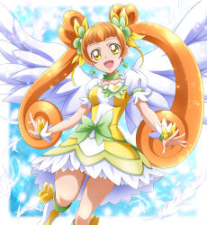 Rule 34 | 1girl, :d, blunt bangs, boots, bow, breasts, brooch, brown hair, choker, clover earrings, collarbone, cure rosetta, dokidoki! precure, dress, floating hair, green choker, hanzou, heart, heart brooch, highres, layered dress, long hair, looking at viewer, open mouth, precure, short dress, short sleeves, small breasts, smile, solo, twintails, very long hair, white dress, white footwear, white wings, wings, wrist cuffs, yellow bow, yellow dress, yellow eyes