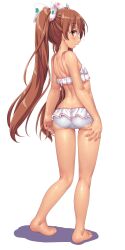 Rule 34 | 1girl, ass, bare arms, bare legs, bare shoulders, barefoot, bikini, blush, brown eyes, brown hair, dd (ijigendd), fang, frilled bikini, frills, full body, hair ribbon, heart, highres, kantai collection, libeccio (kancolle), long hair, official alternate costume, open mouth, polka dot, polka dot ribbon, profile, ribbon, simple background, solo, standing, swimsuit, twintails, white background, white bikini, white ribbon