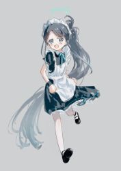 Rule 34 | 1girl, :d, apron, aris (blue archive), aris (maid) (blue archive), black dress, black footwear, black hair, blue archive, blue eyes, blue ribbon, bright pupils, dress, full body, green halo, grey background, halo, highres, long hair, looking at viewer, maid, maid apron, maid headdress, mary janes, neck ribbon, official alternate costume, open mouth, pantyhose, ponytail, puffy short sleeves, puffy sleeves, ribbon, running, shoes, short sleeves, simple background, skirt hold, smile, solo, very long hair, white apron, white pantyhose, white pupils, x158239