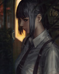 Rule 34 | 1girl, black eyes, black hair, black necktie, blurry, blurry background, breasts, closed mouth, collared shirt, commentary, depth of field, ear piercing, earrings, guweiz, highres, jewelry, long hair, looking at viewer, low ponytail, necktie, original, piercing, ponytail, shirt, small breasts, solo, stud earrings, suspenders, symbol-only commentary, thick eyebrows, tie clip, upper body, white shirt
