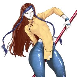 Rule 34 | 1boy, androgynous, blue hair, braid, chinese clothes, highres, long hair, male focus, multicolored hair, pants, polearm, shion (kof), solo, the king of fighters, tight clothes, tight pants, twin braids, two-tone hair, very long hair, weapon