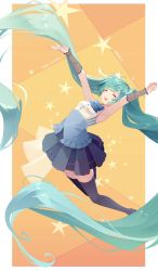 Rule 34 | 1girl, aqua hair, arms up, black skirt, black thighhighs, blue bow, bow, breasts, closed eyes, commentary request, dated, detached sleeves, happy birthday, hatsune miku, long hair, orange background, shakemi (sake mgmgmg), shirt, simple background, skirt, sleeveless, sleeveless shirt, small breasts, solo, star (symbol), thighhighs, twintails, very long hair, vocaloid