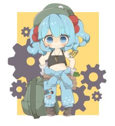 Rule 34 | 1girl, blue eyes, blue hair, blue pants, blush, boots, brown footwear, chibi, closed mouth, crop top, full body, gears, gloves, green hat, hair bobbles, hair ornament, hat, kawashiro nitori, key, looking at viewer, navel, pants, short hair, short twintails, smile, solo, touhou, twintails, white gloves, yaco (nuitnotte)