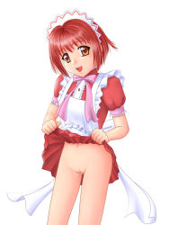 Rule 34 | 00s, 1girl, clothes lift, cowboy shot, dress, dress lift, female focus, lifted by self, maid headdress, navel, no panties, open mouth, pussy, red hair, short sleeves, simple background, solo, tokyo mew mew, uncensored, white background