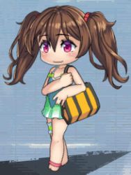 Rule 34 | 1boy, androgynous, animated, animated gif, bag, bare legs, bare shoulders, blush, brown hair, chibi, full body, green one-piece swimsuit, holding, holding bag, lilith-soft, long hair, long twintails, looking at viewer, looking away, lowres, one-piece swimsuit, pink eyes, sandals, shiny skin, skirt, smile, standing, swimsuit, taimanin (series), taimanin asagi, taimanin rpgx, trap, twintails, uehara shikanosuke, very long hair