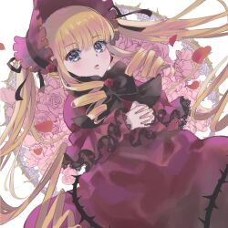 Rule 34 | 1girl, black bow, black bowtie, blonde hair, blue eyes, blush, bonnet, bow, bowtie, capelet, commentary request, dress, drill hair, drill sidelocks, feet out of frame, fingernails, flower, flower brooch, hair between eyes, lace-trimmed capelet, lace-trimmed sleeves, lace trim, lolita fashion, long hair, long sleeves, looking at viewer, meguru (dagmin), open mouth, petals, pink flower, pink rose, plant, red capelet, red dress, red flower, red headwear, red rose, rose, rozen maiden, shinku, sidelocks, solo, thorns, twintails, very long hair, vines