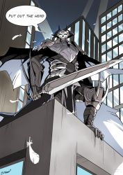 Rule 34 | 1boy, armor, artist name, black cloak, building, cloak, eiri (eirri), english text, fate/grand order, fate (series), feathers, from below, glowing, glowing eyes, holding, holding sword, holding weapon, horns, king hassan (fate), looking at viewer, looking down, male focus, night, night sky, outdoors, signature, skull, sky, skyscraper, solo, spikes, standing, sword, weapon, white feathers