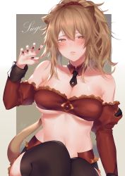 Rule 34 | 1girl, absurdres, allze, arknights, bandeau, bare shoulders, black nails, black necktie, black thighhighs, blush, breasts, breath, brown eyes, brown hair, character name, claw pose, cleavage, collarbone, commentary, cosplay, detached collar, detached sleeves, fate/apocrypha, fate (series), hair between eyes, hair ornament, hair scrunchie, hand up, highres, juliet sleeves, large breasts, lion tail, long hair, long sleeves, looking at viewer, midriff, mordred (fate), mordred (fate) (cosplay), mordred (fate/apocrypha), nail polish, navel, necktie, puffy sleeves, red scrunchie, scrunchie, siege (arknights), sitting, solo, stomach, strapless, tail, thighhighs, tube top