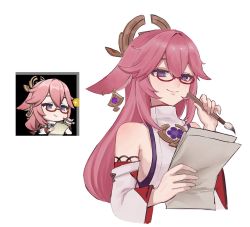 Rule 34 | 1girl, animal ears, bad id, bad twitter id, bespectacled, detached sleeves, earrings, fox ears, genshin impact, glasses, highres, holding, holding paper, japanese clothes, jewelry, long hair, ma y yyyo, meme, miko, multiple views, paintbrush, paper, pink hair, purple eyes, red-framed eyewear, reference inset, simple background, smile, upper body, white background, wide sleeves, yae miko