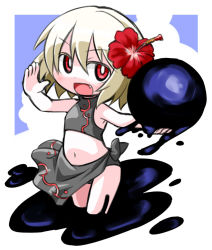Rule 34 | 1girl, bikini, blonde hair, darkness, fang, flat chest, flower, hair flower, hair ornament, hibiscus, kugelschreiber, navel, open mouth, outstretched arms, red eyes, rumia, short hair, simple background, smile, solo, swimsuit, touhou