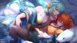 Rule 34 | 2girls, ahoge, aqua hair, bare shoulders, blush, breasts, cleavage, closed eyes, closed mouth, fate/grand order, fate (series), fujimaru ritsuka (female), fujimaru ritsuka (female) (mage&#039;s association uniform), highres, horns, kiyohime (fate), kiyohime (fate/grand order), kiyohime (swimsuit lancer) (fate), kiyohime (swimsuit lancer) (first ascension) (fate), large breasts, long hair, looking at another, medium hair, multiple girls, official alternate costume, open clothes, open shorts, orange hair, pantyhose, parted lips, pin.s, scrunchie, shorts, side ponytail, signature, smile, snake, twitter username, white snake, yellow eyes, yellow scrunchie, yuri