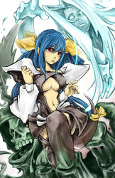 Rule 34 | 1girl, asymmetrical wings, black thighhighs, blue hair, breasts, center opening, detached sleeves, dizzy (guilty gear), ex-shen, guilty gear, hair ribbon, long hair, necro (guilty gear), red eyes, ribbon, sideboob, solo, tail, tail ornament, tail ribbon, thighhighs, undine (guilty gear), wings