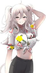 Rule 34 | 1girl, ahoge, animal ears, arm behind head, arm up, black skirt, breasts, collared shirt, crop top, grey eyes, grey hair, grin, highres, hololive, large breasts, lion ears, lion girl, lion tail, long hair, looking at viewer, navel, nerorigogo, parted lips, shirt, shishiro botan, short sleeves, simple background, skirt, smile, solo, tail, teeth, virtual youtuber, white background