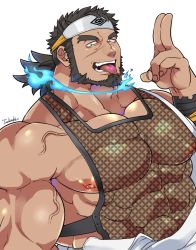 Rule 34 | 1boy, abs, bara, bare pectorals, beard, black hair, blue fire, dark-skinned male, dark skin, facial hair, facial scar, fire, fishnet top, fishnets, forehead protector, forked eyebrows, highres, large pectorals, looking at viewer, male focus, mature male, muscular, muscular male, ninja, nipples, pectorals, sandayu (housamo), scar, scar on cheek, scar on face, see-through, short hair, solo, stomach, tank top, tokyo houkago summoners, tongue, tongue out, upper body, veins, xxx13