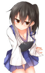 Rule 34 | 10s, 1girl, between legs, blue skirt, breasts, brown eyes, brown hair, cleavage, hand between legs, highres, japanese clothes, kaga (kancolle), kantai collection, mizushina minato, muneate, side ponytail, simple background, skirt, solo, white background