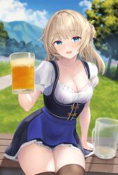 Rule 34 | 1girl, alcohol, beer, beer mug, blue eyes, braid, breasts, cleavage, cup, dress, hair bun, highres, holding, holding cup, kantai collection, kotou yogen, large breasts, light brown hair, long hair, looking at viewer, mug, oktoberfest, open mouth, ranger (kancolle), side braids, smile, solo