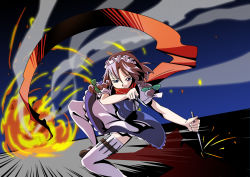 Rule 34 | 1girl, brown hair, capcom, clenched hand, explosion, female focus, fire, fire, izayoi sakuya, looking at viewer, ninja, parody, red scarf, scarf, shokkin, silhouette, solo, spiked hair, strider (video game), strider hiryuu, touhou, uniform