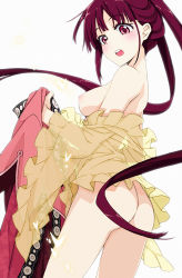 Rule 34 | 1girl, ass, blush, breasts, chinese clothes, cowboy shot, frills, holding, holding clothes, long hair, looking at viewer, magi the labyrinth of magic, nipples, open mouth, purple hair, red eyes, ren kougyoku, saipaco, see-through, simple background, solo, undressing, very long hair, white background