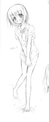 Rule 34 | 1girl, barefoot, blush, bottomless, clothes pull, covering privates, covering crotch, greyscale, looking at viewer, monochrome, necktie, open mouth, original, samuraiguchi, school uniform, shirt, shirt pull, short hair, short sleeves, simple background, sketch, smile, solo, splashing, standing, wet, wet clothes, wet shirt, white background