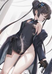 Rule 34 | 1girl, absurdres, bare shoulders, black dress, black gloves, black hair, black jacket, blue archive, breasts, butterfly hair ornament, closed mouth, clothes lift, commentary request, cs/ls06, double bun, dress, dutch angle, gloves, grey eyes, groin, gun, hair bun, hair ornament, highres, holding, holding gun, holding weapon, jacket, kisaki (blue archive), knees, lifting own clothes, long hair, long sleeves, looking at viewer, nekoya (liu), off shoulder, open clothes, open jacket, pelvic curtain, pelvic curtain lift, pinstripe pattern, signature, sleeveless, sleeveless dress, small breasts, solo, striped, thighs, twintails, very long hair, weapon