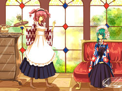 Rule 34 | 2girls, alternate costume, antique phone, apron, aqua eyes, aqua hair, arrow print, cabinet, corded phone, couch, cross-laced footwear, dress, enmaided, female focus, food, glass, green eyes, green hair, hair bobbles, hair ornament, hat, japanese clothes, kinokobatake, long sleeves, maid, maid apron, maid headdress, multiple girls, onozuka komachi, phone, print dress, red eyes, red hair, red upholstery, rotary phone, shiki eiki, sitting, stained glass, touhou, tray, twintails, two side up, wide sleeves, yagasuri