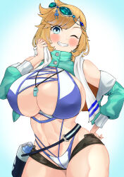 Rule 34 | abs, absurdres, alternate costume, bikini, blonde hair, blue eyes, blush, breasts, commission, creatures (company), game freak, green eyes, high heels, highres, hizakake, huge breasts, jacket, large breasts, legs, misty (pokemon), navel, nintendo, one eye closed, pokemon, pokemon hgss, simple background, skeb commission, solo, swimsuit, thick thighs, thighs, thong, white background