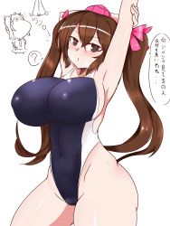Rule 34 | 1girl, @ @, absurdres, armpit peek, arms up, breasts, brown hair, coin, coin on string, hat, highres, himekaidou hatate, huge breasts, legion (lovers6), pink hat, simple background, solo, swimsuit, thick thighs, thighs, tokin hat, touhou, twintails, white background