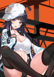 Rule 34 | 1girl, :d, absurdres, ahoge, belt, black thighhighs, blush, breasts, cleavage, commentary request, fangs, hat, highres, indian style, jacket, long hair, looking at viewer, midriff, mole, mole on breast, mole under eye, navel, open mouth, original, shorts, sitting, smile, solo, srpzk, thighhighs
