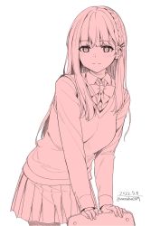 Rule 34 | 1girl, arm support, blush, bow, bowtie, braid, cardigan, chair, closed mouth, collared shirt, dated, hair ornament, hairclip, highres, long hair, long sleeves, looking at viewer, monochrome, original, pleated skirt, school uniform, shirt, signature, simple background, skirt, smile, solo, standing, unasaka ryou, white background