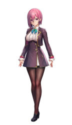 Rule 34 | 1girl, artwhirl mahou gakuen no otome-tachi, black dress, black pantyhose, breasts, cropped jacket, dress, full body, hair between eyes, high heels, hilda (artwhirl), large breasts, loafers, mana (remana), official art, pantyhose, purple eyes, red hair, shoes, short dress, short hair, simple background, solo, tachi-e, white background