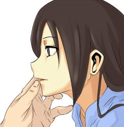 Rule 34 | 1girl, black eyes, black hair, empty eyes, finger to mouth, haigyo, hypnosis, lips, long hair, male hand, mind control, original, parted lips, profile, shirt, simple background, white background