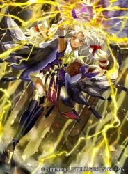 Rule 34 | 1girl, book, cape, company name, curly hair, electricity, fire emblem, fire emblem: genealogy of the holy war, fire emblem cipher, long hair, mayo (becky2006), multi-tied hair, nintendo, official art, open mouth, purple eyes, purple hair, solo, teeth, thighhighs, tine (fire emblem), twintails