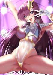 Rule 34 | 1girl, arm up, armpits, bouncing breasts, breasts, covered navel, elbow gloves, eyebrows, gloves, gundam, gundam seed, gundam seed destiny, hair ornament, highleg, large breasts, leotard, long hair, meer campbell, open mouth, pasties, pink hair, purple eyes, see-through, sen (sansui), solo, spread legs, star (symbol), star hair ornament, sunrise (company), sweat, thighs, v, v over eye