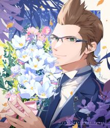 Rule 34 | 1boy, artist name, blue jacket, blue necktie, bouquet, brown hair, character name, collared shirt, falling petals, final fantasy, final fantasy xv, flower, formal, glasses, green eyes, hair slicked back, happy birthday, hinoe (dd works), holding, holding bouquet, ignis scientia, jacket, looking at viewer, male focus, necktie, petals, shirt, short hair, sideburns, smile, solo, suit jacket, upper body, white shirt