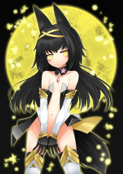 Rule 34 | 1girl, animal ears, bare shoulders, black gloves, black hair, black thighhighs, covering privates, covering crotch, detached collar, elbow gloves, facial mark, flat chest, fox ears, fox tail, full moon, gloves, jitome, kamoto tatsuya, leaf, long hair, looking at viewer, maple leaf, moon, navel, no panties, open clothes, original, parted lips, solo, tail, thighhighs, v arms, yellow eyes