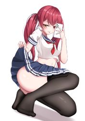 Rule 34 | 1girl, absurdres, ass, black ribbon, black thighhighs, blue sailor collar, blue skirt, blush, breasts, cellphone, closed mouth, clothes pull, clothing cutout, feet, hair ribbon, hashira 14, heterochromia, highres, holding, holding phone, hololive, houshou marine, long hair, looking at viewer, navel, neckerchief, phone, pleated skirt, red eyes, red hair, red neckerchief, ribbon, sailor collar, school uniform, selfie, serafuku, shirt, short sleeves, simple background, skirt, skirt pull, smartphone, solo, thighhighs, tongue, tongue out, twintails, virtual youtuber, white background, white shirt, yellow eyes