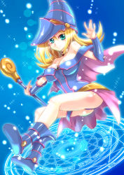 Rule 34 | 1girl, ass, bare shoulders, blonde hair, blush, boots, breasts, bridal gauntlets, cleavage, collar, dark magician girl, feet, female focus, full body, green eyes, hat, holding, large breasts, legs, long hair, looking at viewer, magic circle, panties, rod, shiny clothes, shiny skin, simple background, skirt, smile, solo, thighs, underwear, wavy hair, wizard hat, yu-gi-oh!, yu-gi-oh! duel monsters