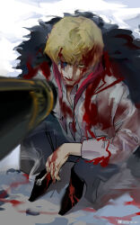 Rule 34 | 2boys, blonde hair, blood, blood on clothes, blood on face, blood on ground, blood on hands, blood on snow, brothers, cigarette, coat, donquixote doflamingo, donquixote rocinante, emean, feather coat, fur coat, gun, hat, heart, heart print, highres, holding, hood, long sleeves, looking at viewer, makeup, male focus, multiple boys, one eye closed, one piece, outdoors, pink coat, red hood, shirt, siblings, smoking, snow, solo, spoilers, weapon