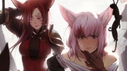 Rule 34 | 5girls, animal ears, armor, bare shoulders, belt, blurry, blurry background, blurry foreground, brown hair, cat ears, choker, close-up, closed mouth, collarbone, commission, facial mark, final fantasy, final fantasy xiv, gloves, heterochromia, highres, long hair, maid, market, miqo&#039;te, multicolored hair, multiple girls, off shoulder, one eye closed, outdoors, pauldrons, pink hair, red hair, scar, scar across eye, scar on face, short hair, shoulder armor, standing, sweat, two-tone hair, warrior of light (ff14), weyowang