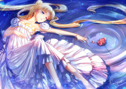Rule 34 | 1girl, bare shoulders, barefoot, bishoujo senshi sailor moon, blonde hair, blue background, blue eyes, bracelet, crescent, crescent facial mark, dress, earrings, facial mark, flower, forehead mark, full body, hair bun, jewelry, kaminary, long hair, lying, on back, parted bangs, princess serenity, red flower, red rose, rose, signature, single hair bun, solo, strapless, strapless dress, tsukino usagi, twintails, water, white dress