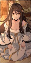 Rule 34 | 1girl, angry, brown hair, dress, highres, long hair, looking at viewer, my female apprentices are all big shots from the future, official art, open mouth, qianfan ji, sitting, solo, very long hair, white dress, yellow eyes