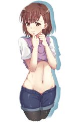 Rule 34 | 1girl, a-m, bad id, bad pixiv id, black pantyhose, blue shorts, blush, brown eyes, brown hair, closed mouth, clothes lift, cropped legs, electricity, electrokinesis, groin, hair ornament, hairpin, hands up, highres, looking away, midriff, misaka mikoto, navel, open clothes, pantyhose, school uniform, shadow, shiny clothes, shirt, short hair, short shorts, short sleeves, shorts, simple background, solo, standing, stomach, sweater, sweater lift, sweater vest, thighhighs, toaru kagaku no railgun, toaru majutsu no index, unbuttoned, white background, white shirt
