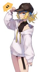Rule 34 | 1girl, alternate costume, baseball cap, blonde hair, blue eyes, blue nails, blush, collarbone, commentary request, diadem, fate/grand order, fate (series), gyuu kaku (gyu400), hat, highres, holding, holding clothes, holding hat, hood, hood down, hooded, hooded vest, hoodie, lips, nail, nail polish, parted lips, pollux (fate), short hair, simple background, smile, solo, teeth, vest, white background, white vest