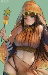 Rule 34 | 1girl, :o, absurdres, armpit peek, bad id, bad twitter id, bare shoulders, black panties, blush, breasts, brown hair, cowboy shot, dated, detached sleeves, green background, green eyes, highres, holding, holding wand, jewelry, large breasts, looking at viewer, navel, necklace, original, panties, reido (reido c), simple background, solo, standing, thighhighs, underwear, wand