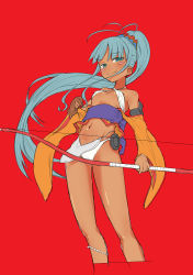 Rule 34 | 1girl, absurdres, blue hair, bow (weapon), breasts, brown gloves, detached sleeves, fang, fundoshi, gloves, highres, holding, holding bow (weapon), holding weapon, japanese clothes, long hair, looking at viewer, navel, oshiro project:re, oshiro project:re, partially fingerless gloves, partly fingerless gloves, ponytail, red background, ricochet-gou, simple background, small breasts, solo, urasoe (oshiro project), very long hair, weapon, yugake